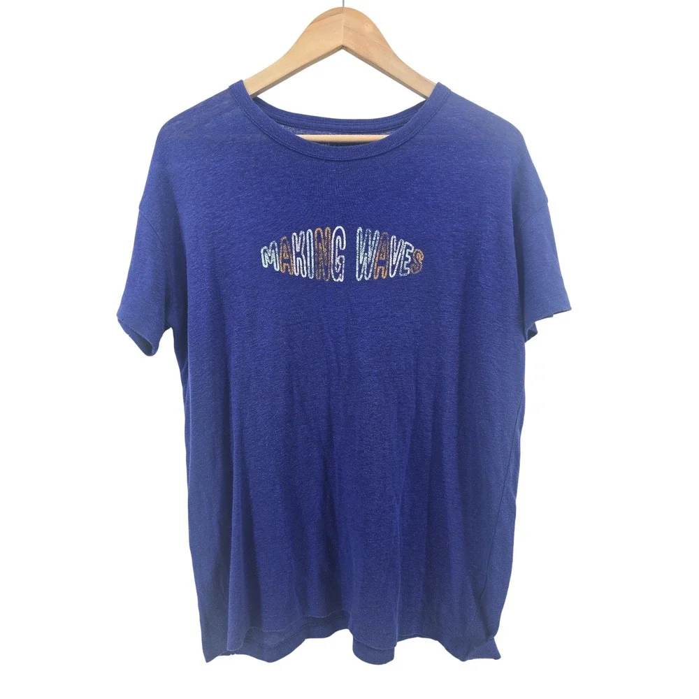Aerie T-Shirt Womens XS Blue Making Waves Graphic Short Sleeve Linen Blend Tee